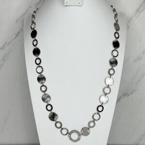Silver Tone Hammered Disc Open Hoop Circle Long Chain Toggle Necklace 44.5" ✨